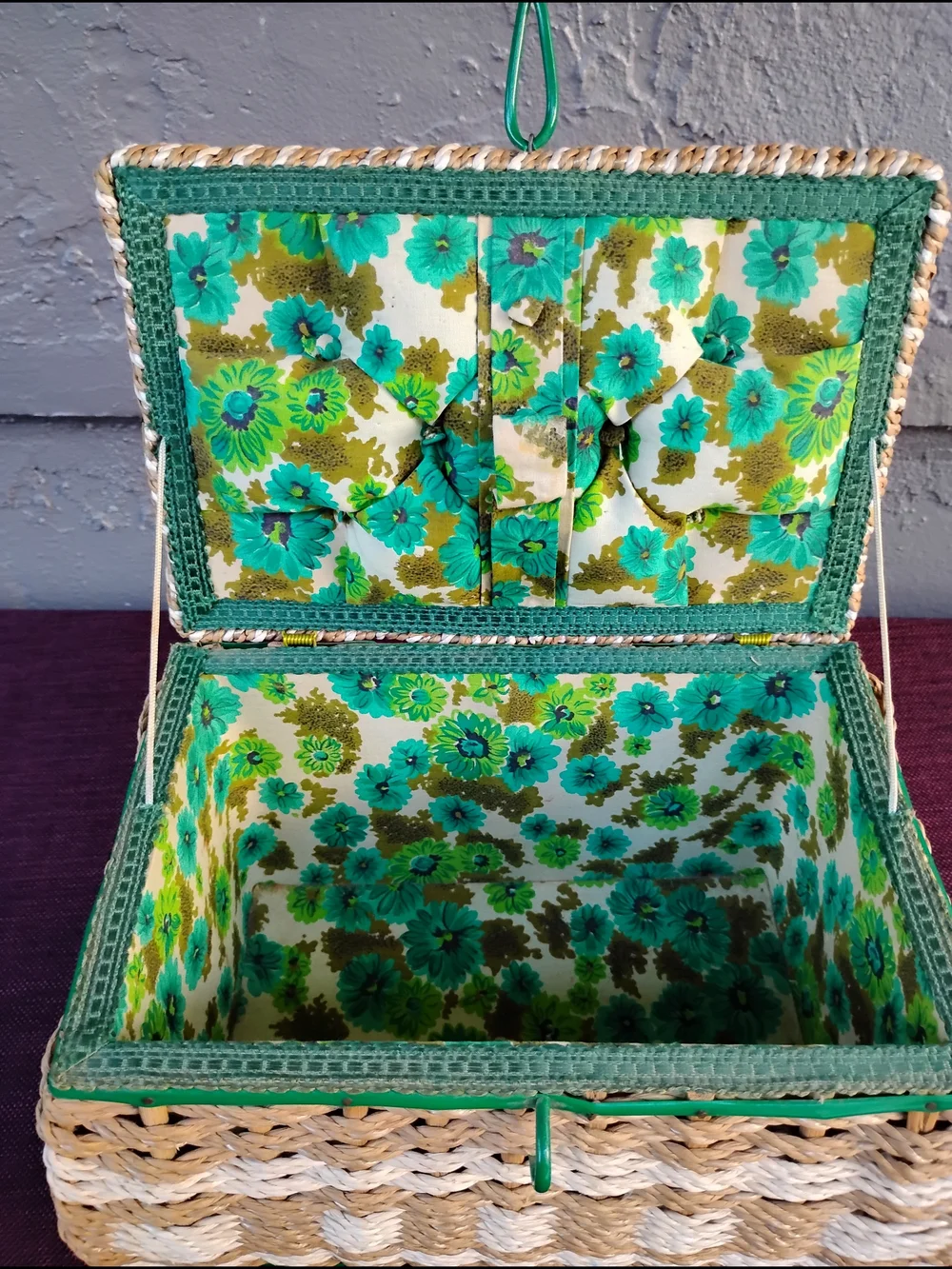 Vtg Wicker Sewing Basket Woven Beige  w/Green Lining Mid Century Made in Japan